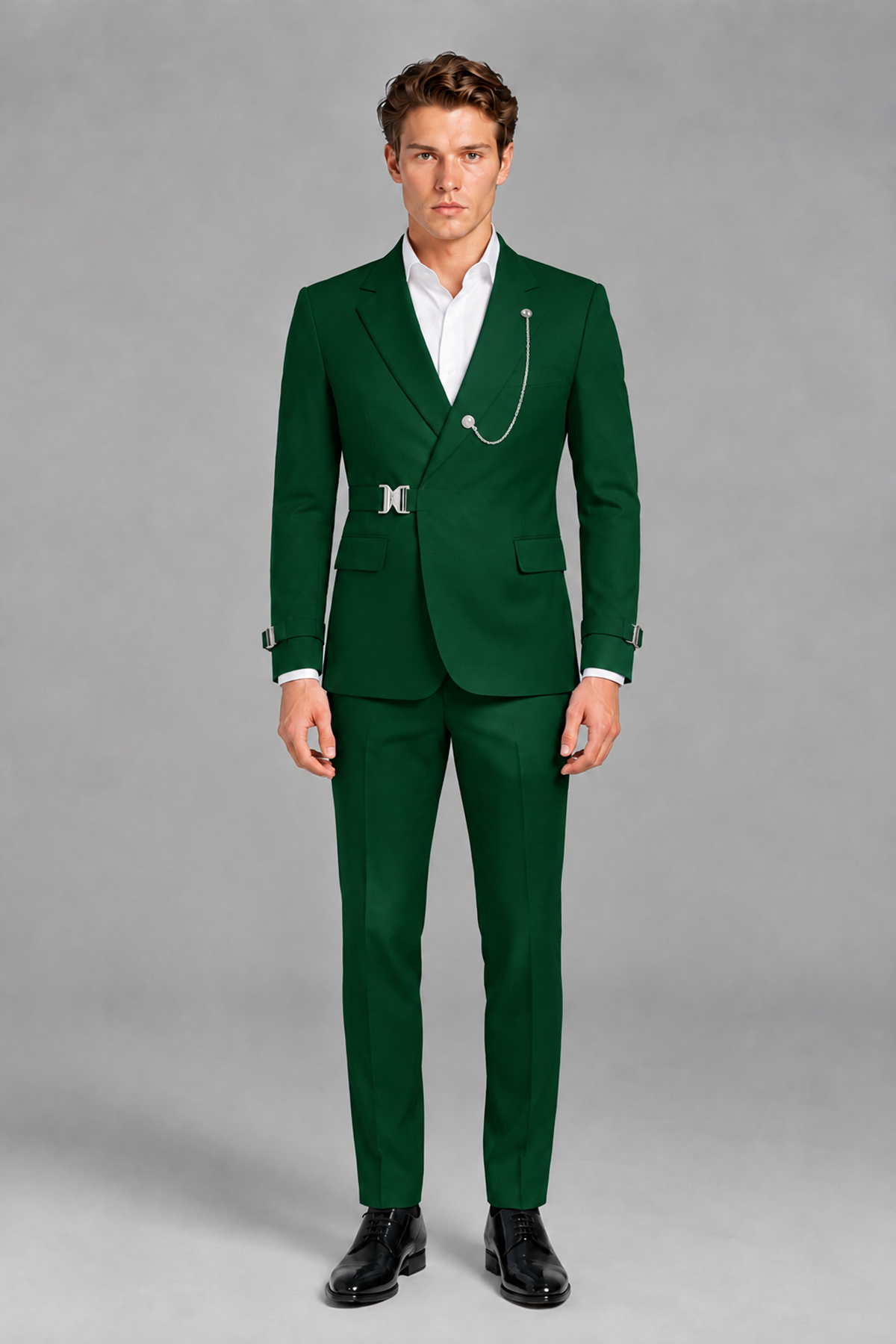 Savile Men's Dark Green Buckle-Closure 2-Piece Suit Set | Peak Lapel Blazer & Trousers - Dark Green