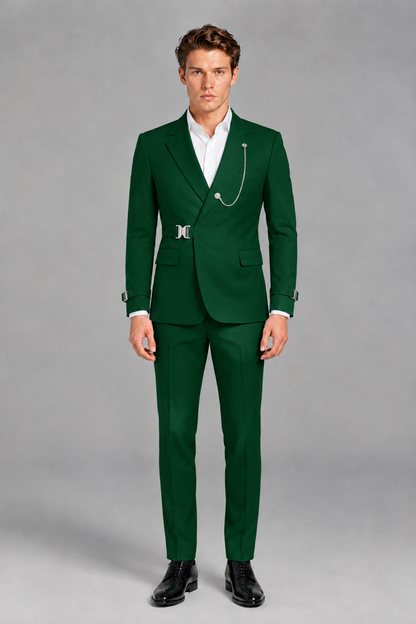 Savile Men's Dark Green Buckle-Closure 2-Piece Suit Set | Peak Lapel Blazer & Trousers - Dark Green