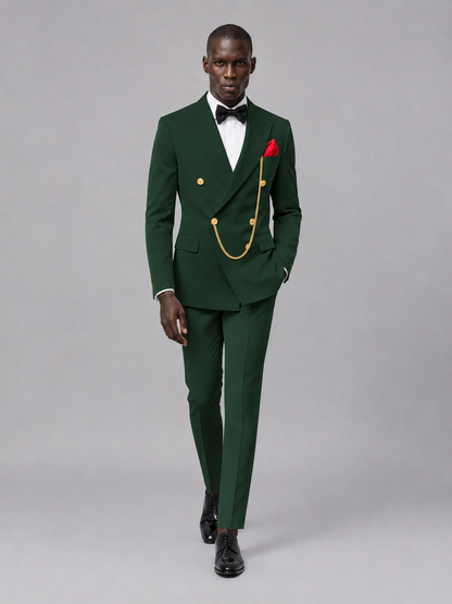 Men's Dark Green Double-Breasted 2-Piece Suit Set – Jacket & Trousers | Dark Green Chain - Dark Green