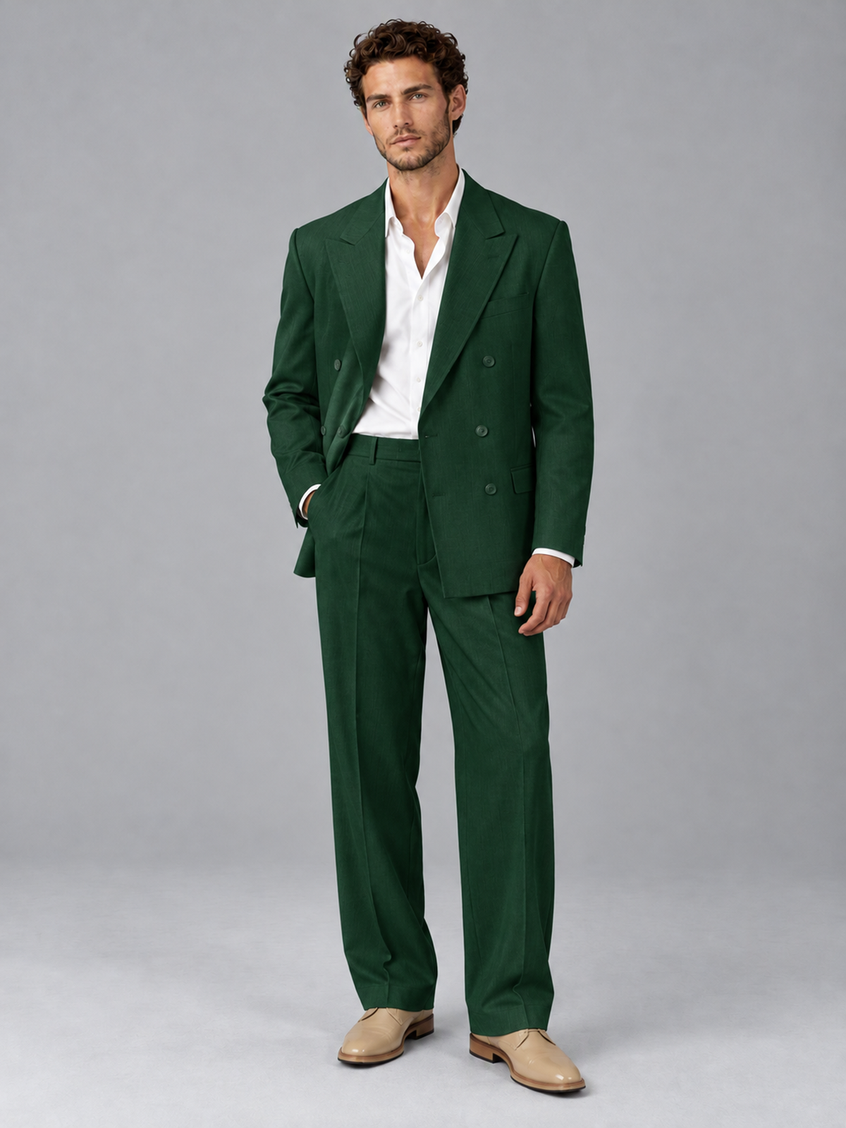 Savile Dark Green Beige Double-Breasted 2-Piece Suit with Peak Lapel - Dark Green
