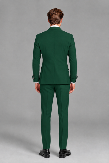 Savile Men's Dark Green Buckle-Closure 2-Piece Suit Set | Peak Lapel Blazer & Trousers - Dark Green
