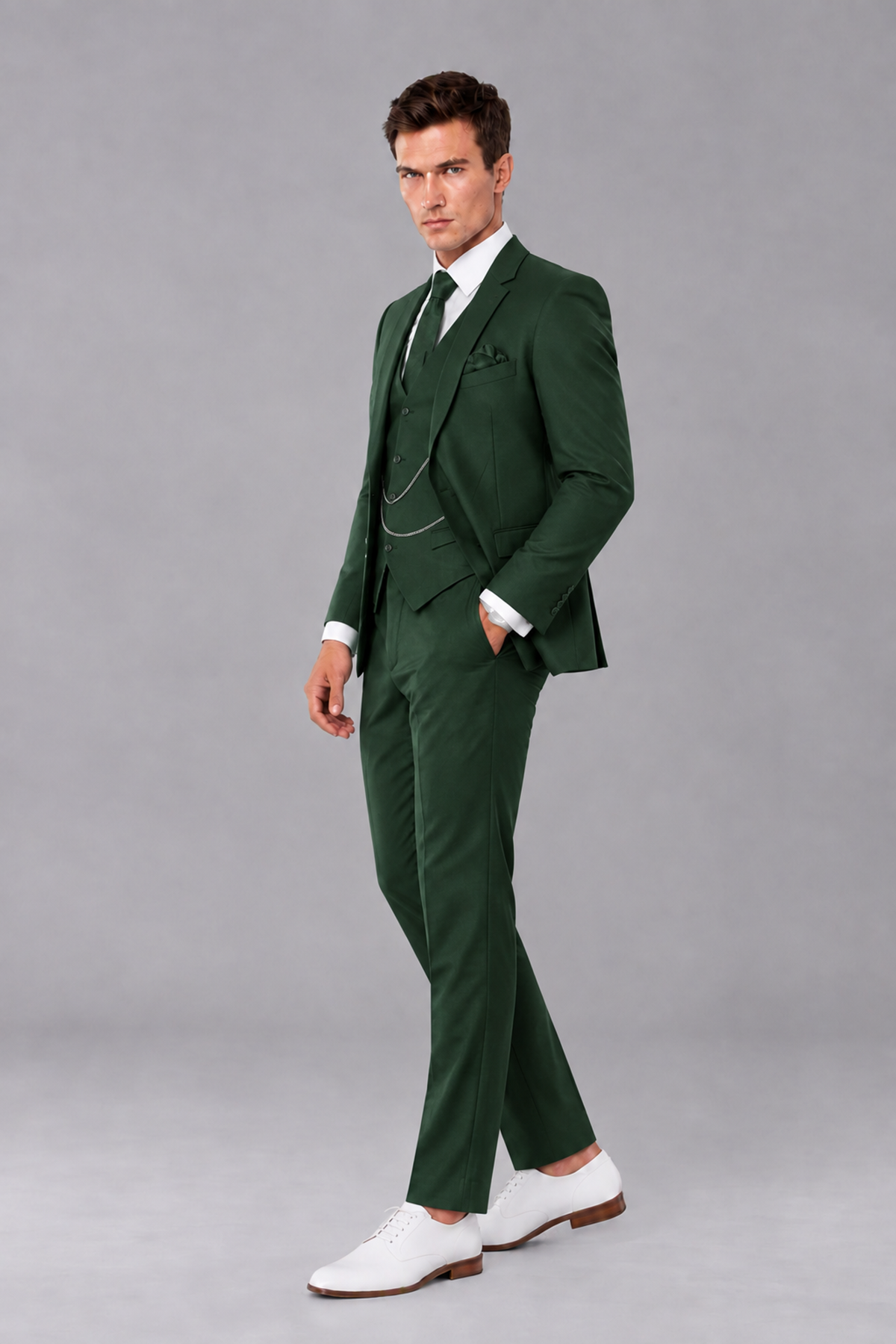 Savile Dark Green 3-Piece Suit with Notch Lapel & Chain Vest - Dark Green
