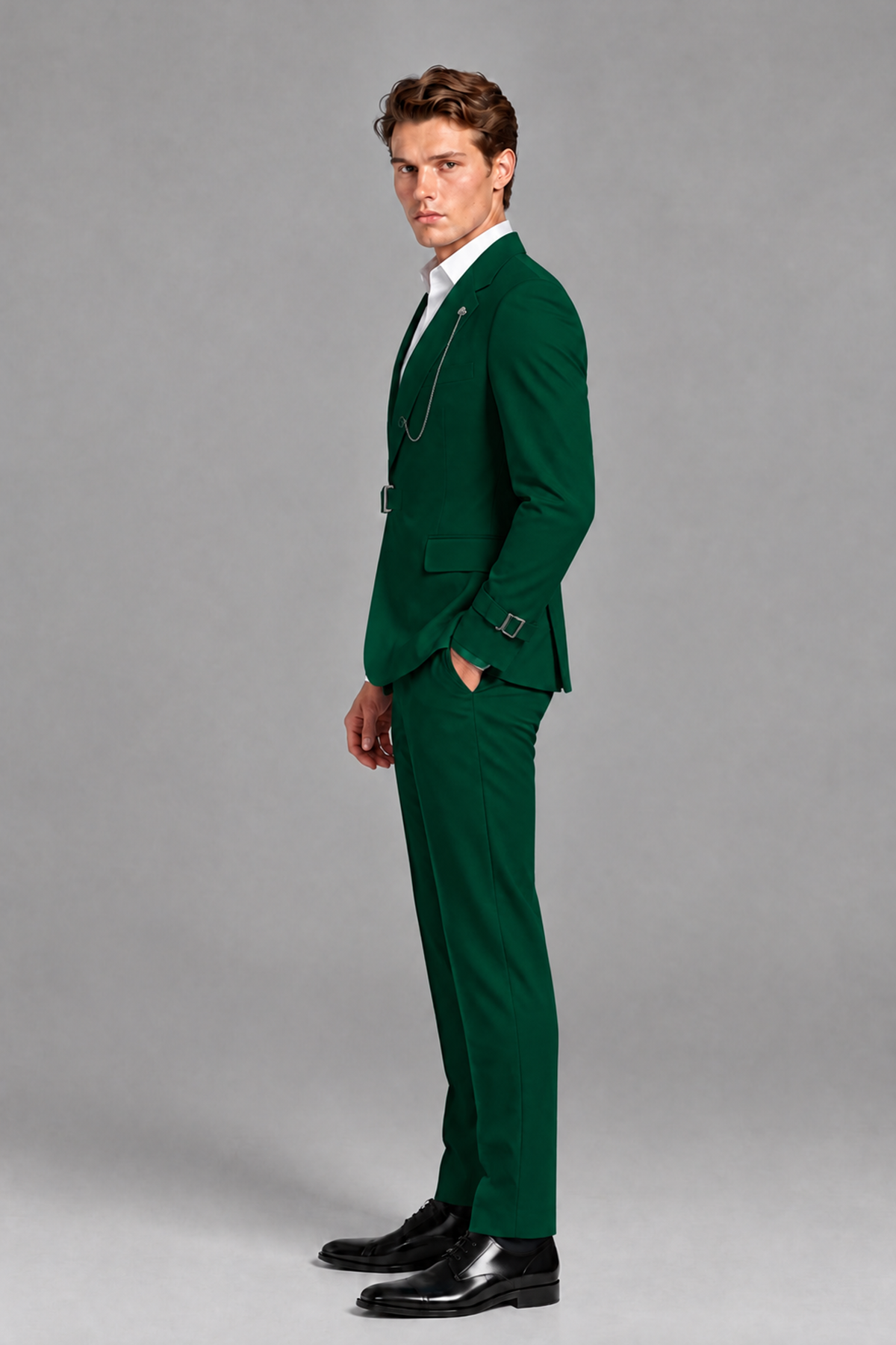 Savile Men's Dark Green Buckle-Closure 2-Piece Suit Set | Peak Lapel Blazer & Trousers - Dark Green