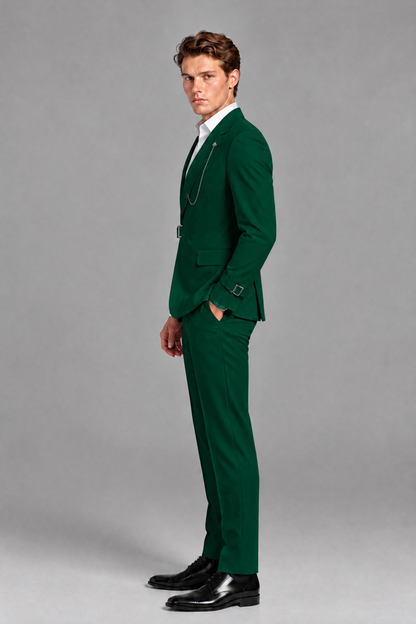 Savile Men's Dark Green Buckle-Closure 2-Piece Suit Set | Peak Lapel Blazer & Trousers - Dark Green