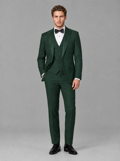 Savile Men's Dark Green Peak Lapel 3-Piece Tuxedo Suit | Jacket, Vest & Trousers - Dark Green