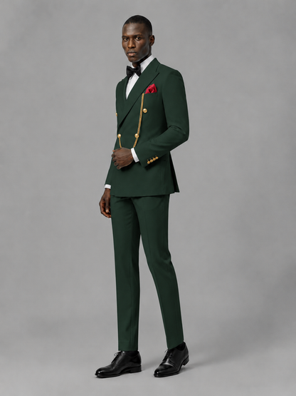Men's Dark Green Double-Breasted 2-Piece Suit Set – Jacket & Trousers | Dark Green Chain - Dark Green