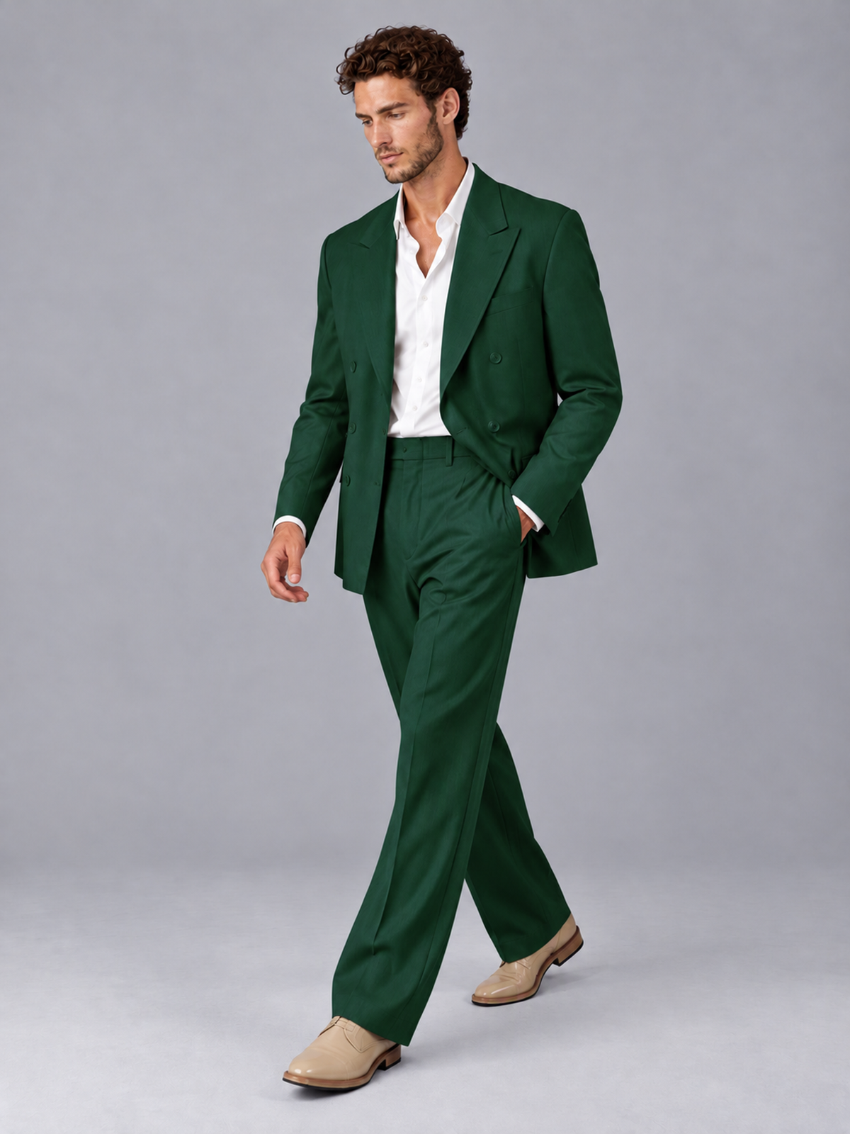 Savile Dark Green Beige Double-Breasted 2-Piece Suit with Peak Lapel - Dark Green