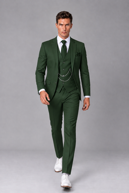 Savile Dark Green 3-Piece Suit with Notch Lapel & Chain Vest - Dark Green