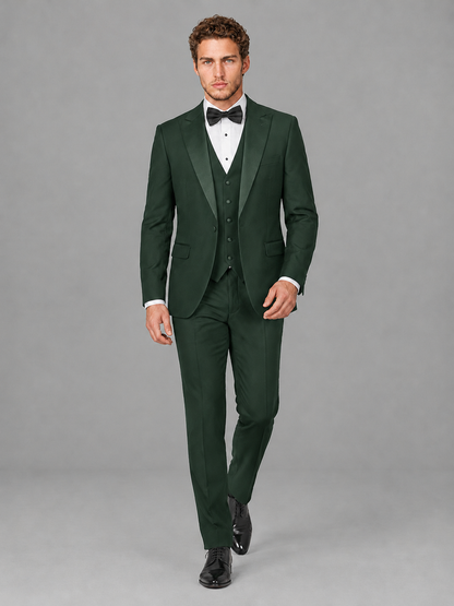 Savile Men's Dark Green Peak Lapel 3-Piece Tuxedo Suit | Jacket, Vest & Trousers - Dark Green