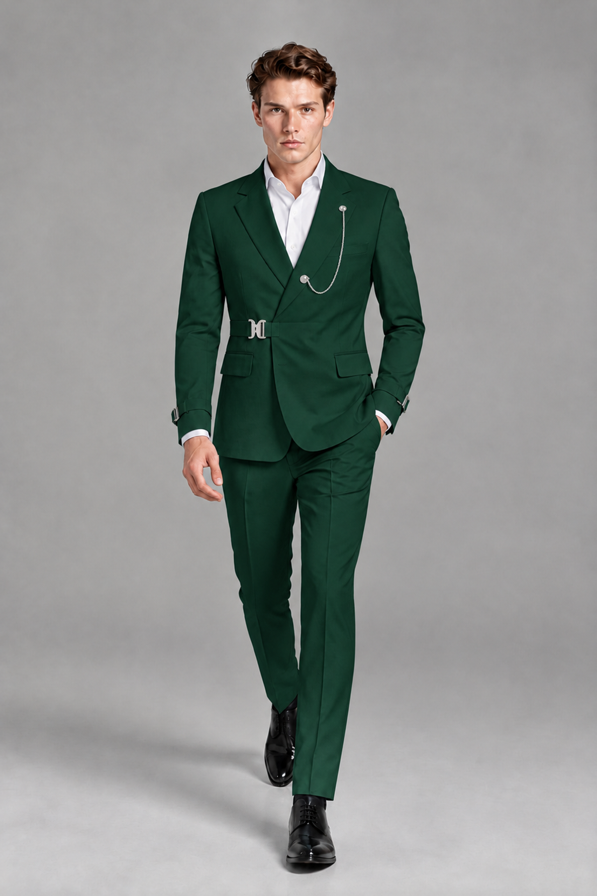 Savile Men's Dark Green Buckle-Closure 2-Piece Suit Set | Peak Lapel Blazer & Trousers - Dark Green