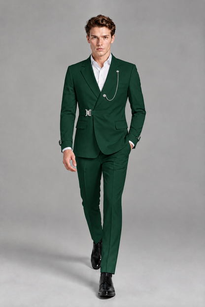 Savile Men's Dark Green Buckle-Closure 2-Piece Suit Set | Peak Lapel Blazer & Trousers - Dark Green