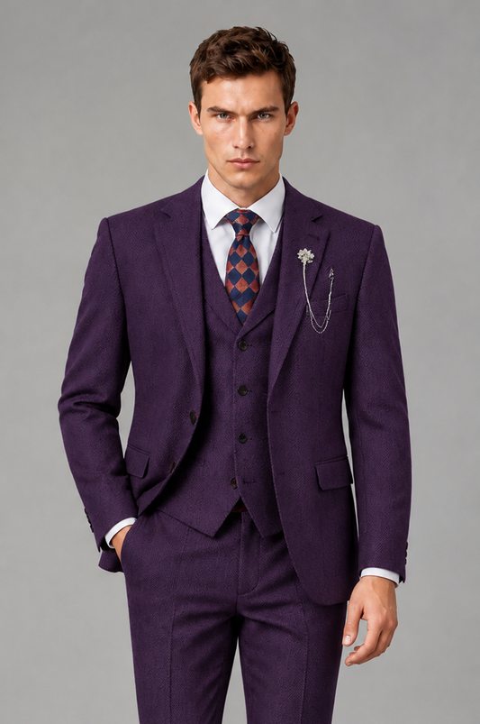 Savile Men's Grey Notch Lapel 3-Piece Suit Set | Jacket, Vest & Trousers - Dark Purple - Dark Purple