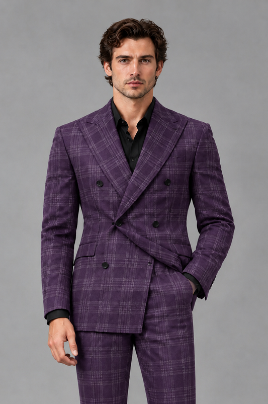 Savile Men's Rust Plaid 2-Piece Double-Breasted Suit – Peak Lapel Slim-Fit Jacket & Trousers Set - Dark Purple - Dark Purple