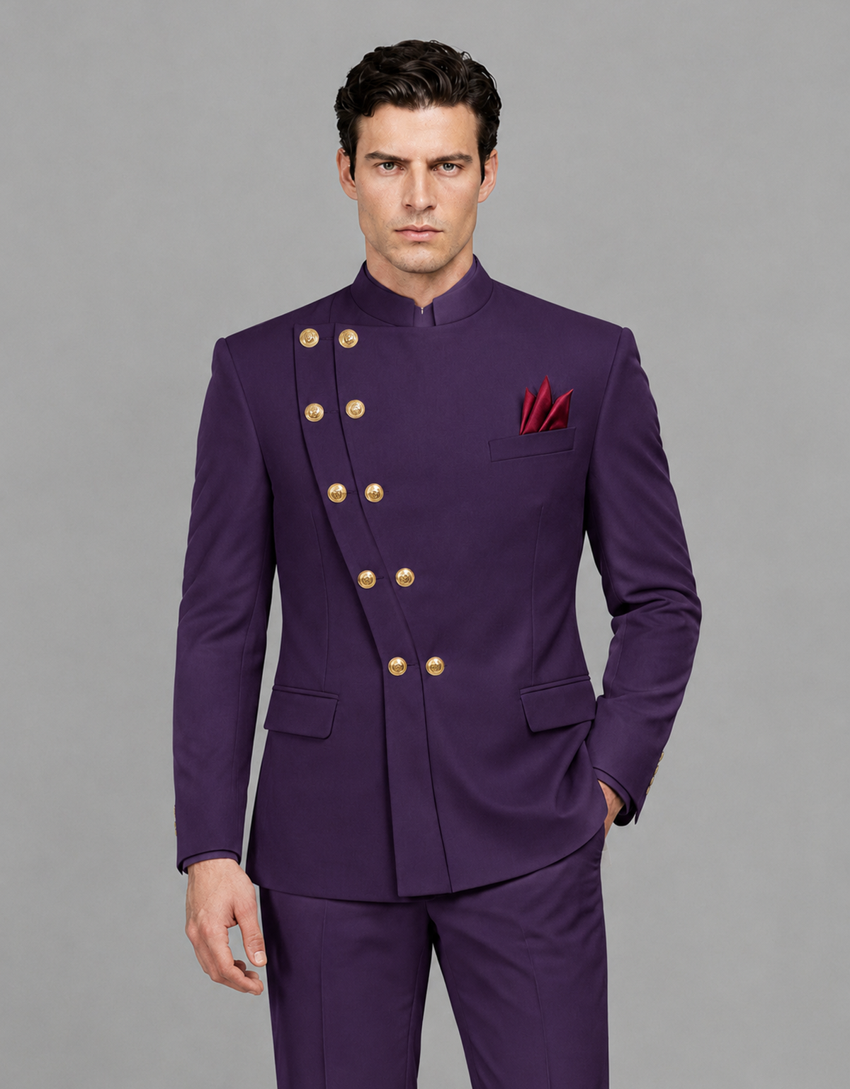 BOLODOO Men's Dark Purple Asymmetrical Mandarin Collar Tuxedo Suit – Modern 2-Piece Gold Button Wedding, Prom & Gala Set - Dark Purple - Dark Purple_01
