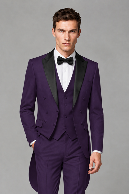 Savile Dark Purple 3-Piece Tailcoat Tuxedo Suit with Black Peak Lapel - Dark Purple - Dark Purple_01