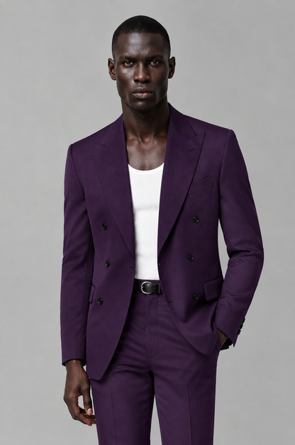 Savile Men's Dark Purple Double Breasted Slim Fit 2-Piece Suit Set – Blazer & Trousers | Wedding Gala Formal - Dark Purple - Dark Purple_01