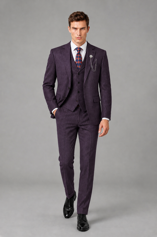 Savile Men's Grey Notch Lapel 3-Piece Suit Set | Jacket, Vest & Trousers - Dark Purple - Dark Purple