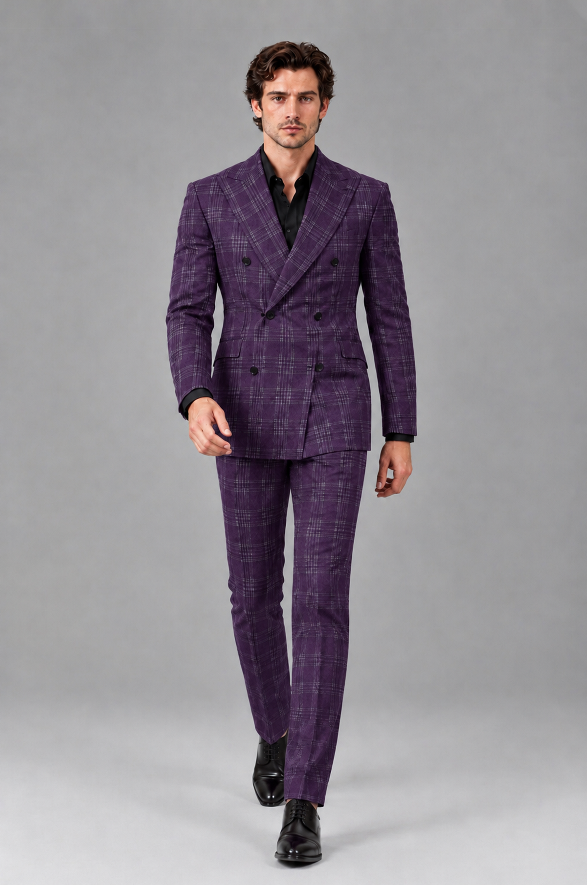Savile Men's Rust Plaid 2-Piece Double-Breasted Suit – Peak Lapel Slim-Fit Jacket & Trousers Set - Dark Purple - Dark Purple