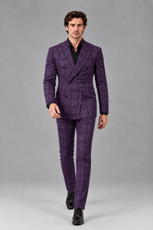 Savile Men's Rust Plaid 2-Piece Double-Breasted Suit – Peak Lapel Slim-Fit Jacket & Trousers Set - Dark Purple - Dark Purple