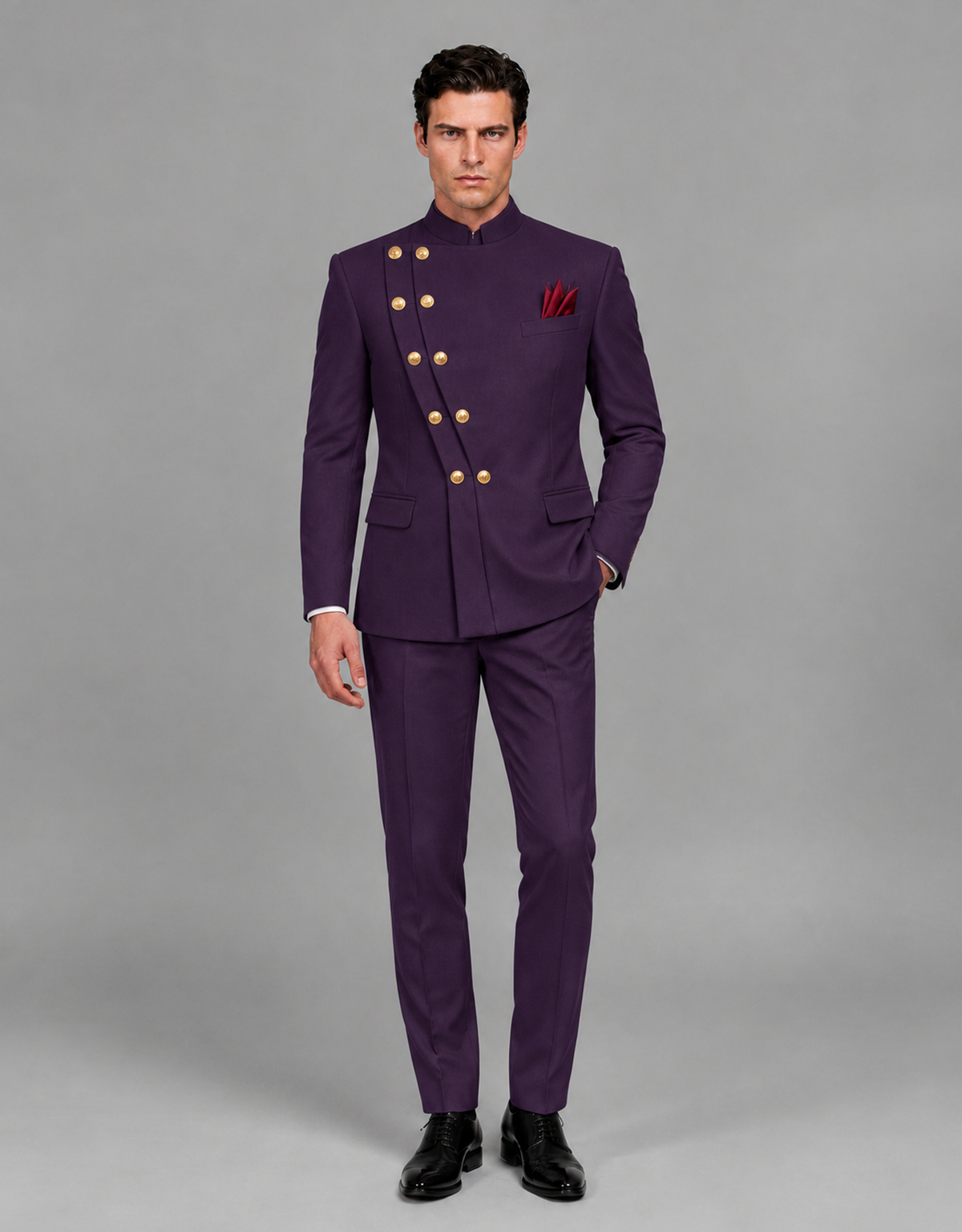 BOLODOO Men's Dark Purple Asymmetrical Mandarin Collar Tuxedo Suit – Modern 2-Piece Gold Button Wedding, Prom & Gala Set - Dark Purple - Dark Purple_02