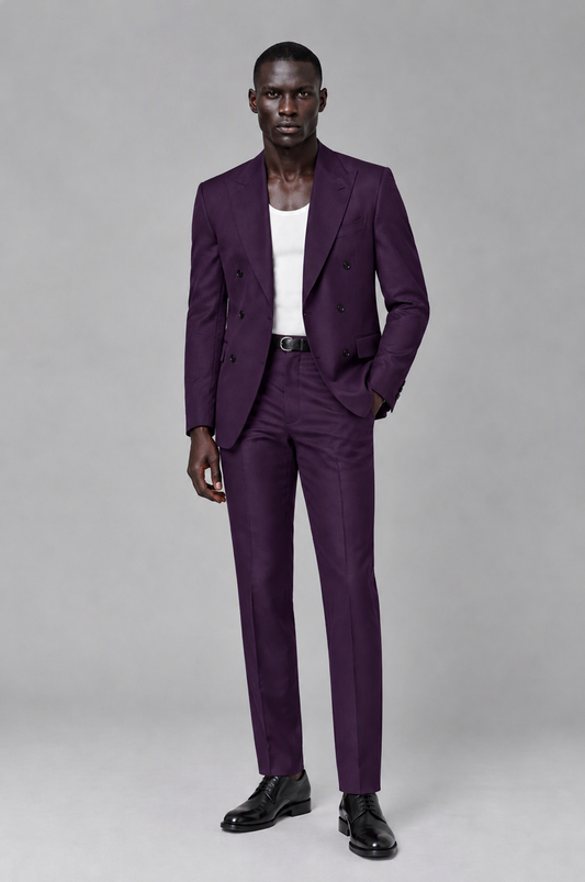 Savile Men's Dark Purple Double Breasted Slim Fit 2-Piece Suit Set – Blazer & Trousers | Wedding Gala Formal - Dark Purple - Dark Purple_02