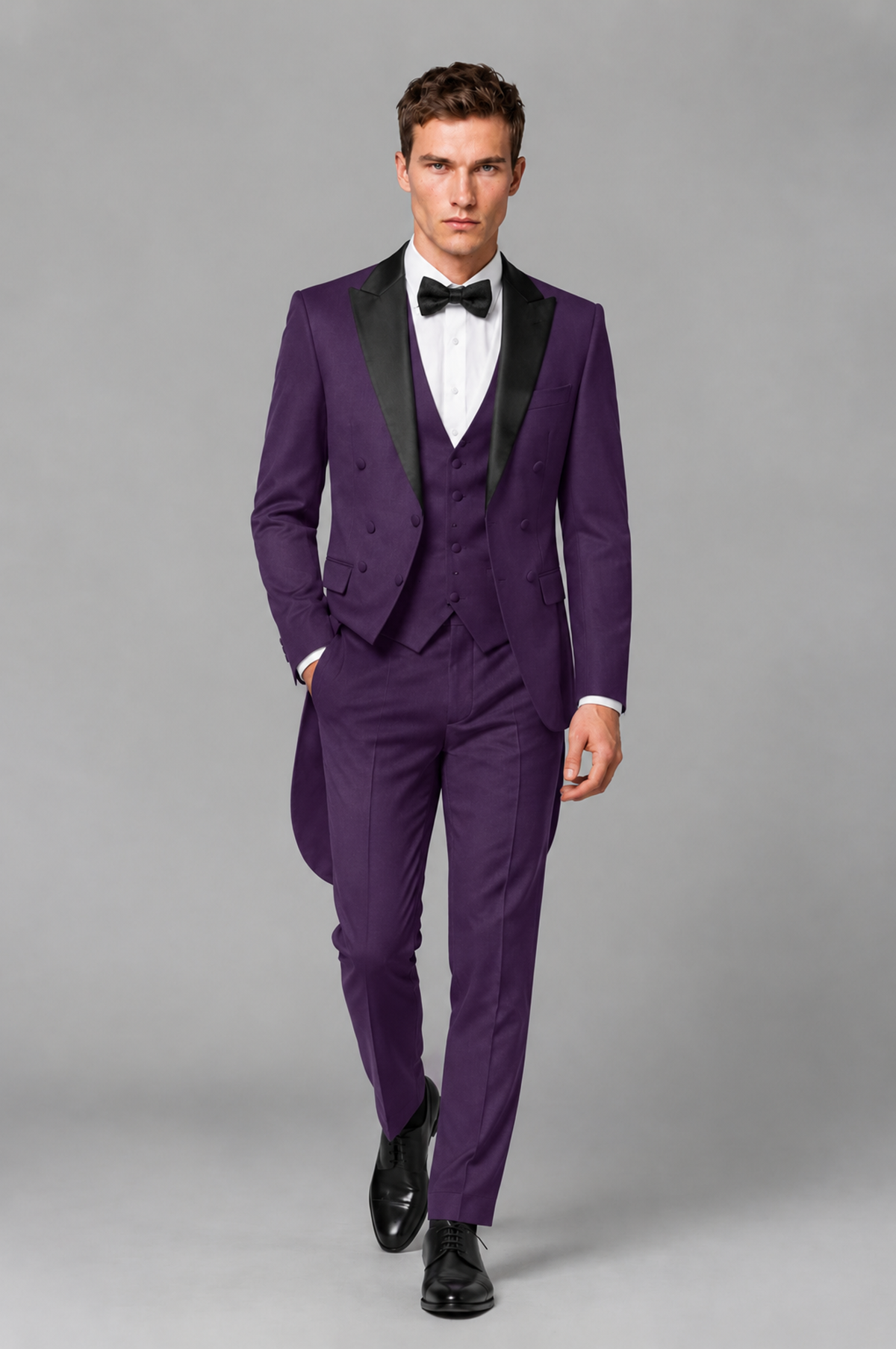 Savile Dark Purple 3-Piece Tailcoat Tuxedo Suit with Black Peak Lapel - Dark Purple - Dark Purple_02