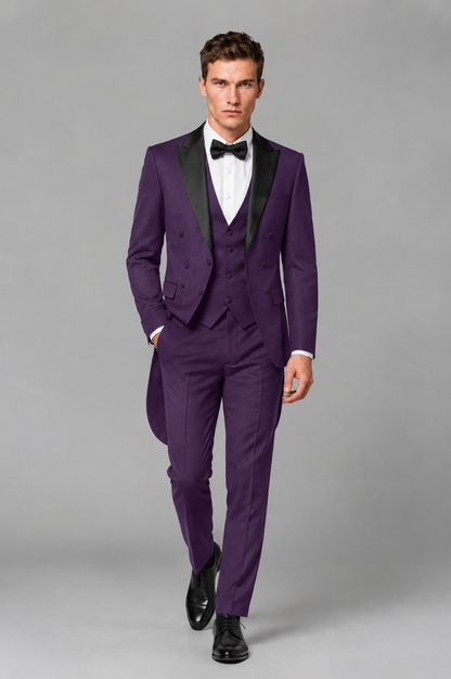 Savile Dark Purple 3-Piece Tailcoat Tuxedo Suit with Black Peak Lapel - Dark Purple - Dark Purple_02
