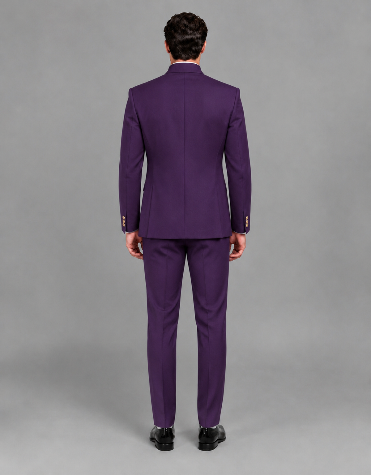 BOLODOO Men's Dark Purple Asymmetrical Mandarin Collar Tuxedo Suit – Modern 2-Piece Gold Button Wedding, Prom & Gala Set - Dark Purple - Dark Purple_03