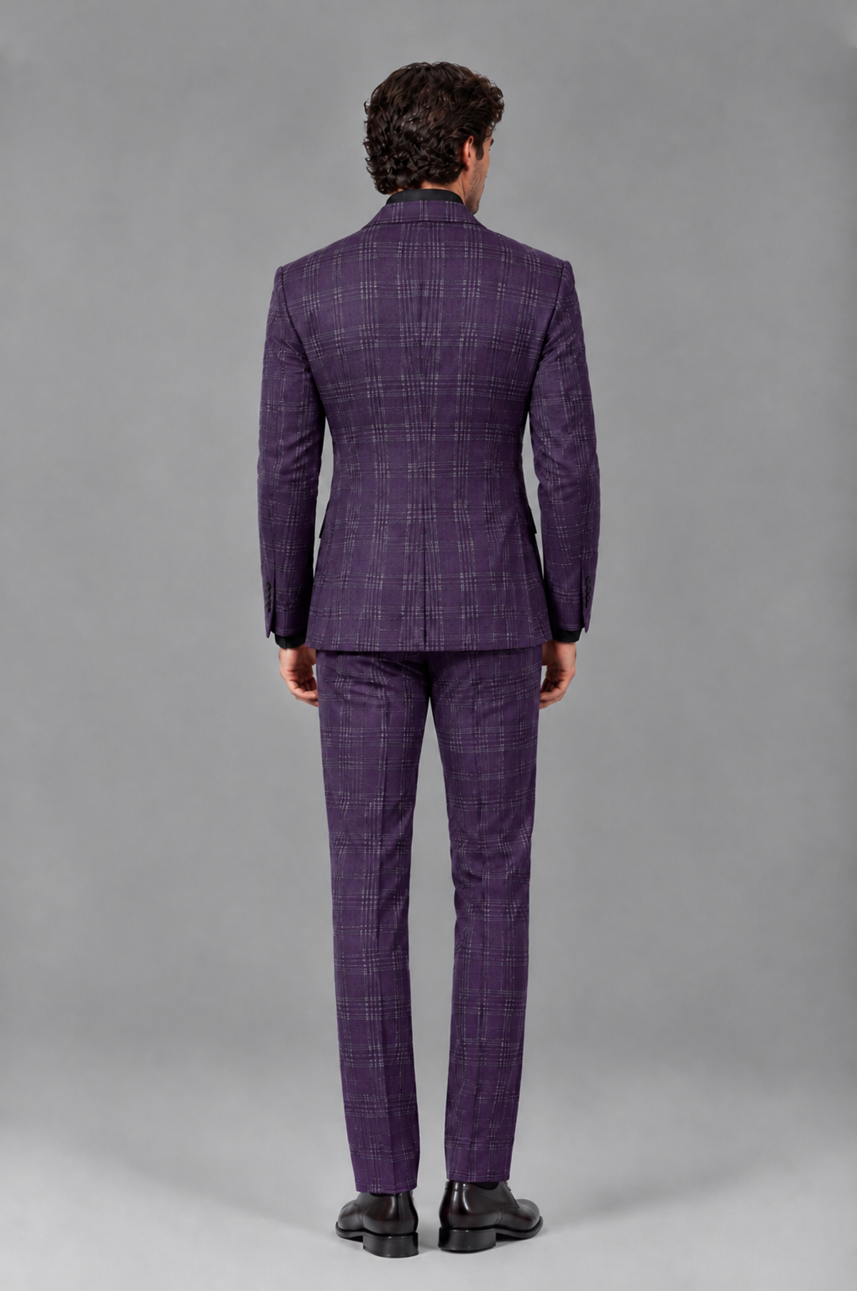 Savile Men's Rust Plaid 2-Piece Double-Breasted Suit – Peak Lapel Slim-Fit Jacket & Trousers Set - Dark Purple - Dark Purple