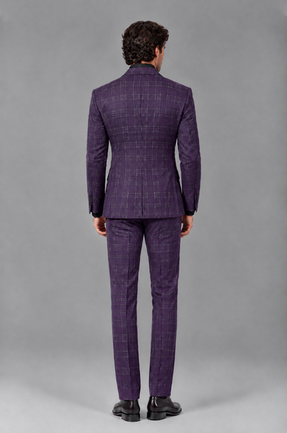 Savile Men's Rust Plaid 2-Piece Double-Breasted Suit – Peak Lapel Slim-Fit Jacket & Trousers Set - Dark Purple - Dark Purple