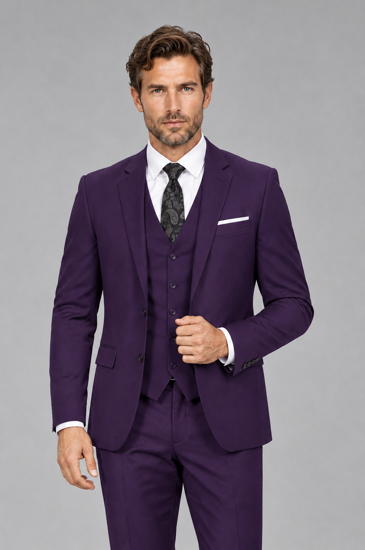 Savile Men's Dark Purple 3-Piece Suit Set – Notch Lapel Blazer, Vest & Trousers - Dark Purple - Dark_Purple_1