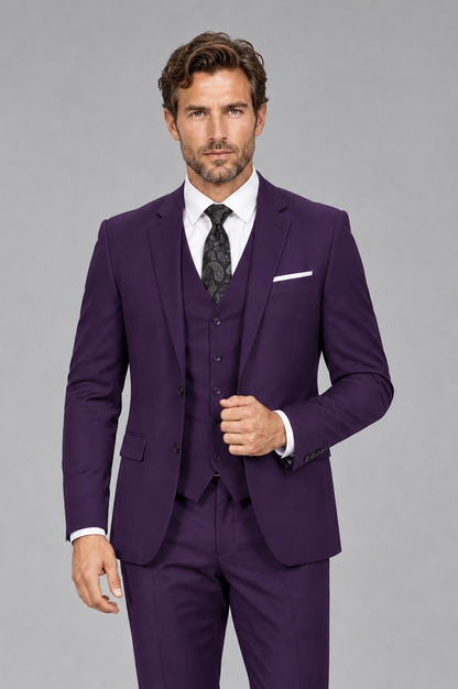 Savile Men's Dark Purple 3-Piece Suit Set – Notch Lapel Blazer, Vest & Trousers - Dark Purple - Dark_Purple_1