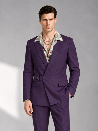 Savile Men's Dark Purple Belted Wrap 2-Piece Suit – Peak Lapel Blazer & Tailored Trousers - SUC060 - Dark Purple - Dark Purple_1