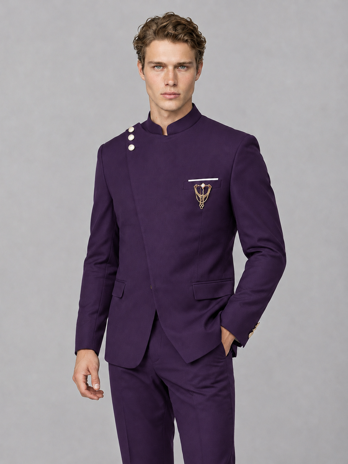 Savile Men's Dark Purple Mandarin Collar Asymmetrical 2-Piece Suit Set – Modern Jacket & Trousers - Dark Purple - Dark Purple_1