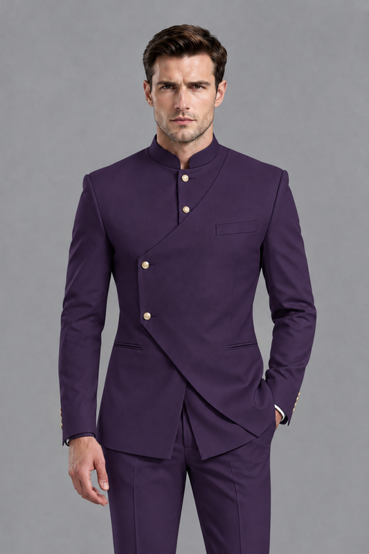 Savile Men's Dark Purple Asymmetrical Mandarin Collar Tuxedo Suit – Modern 2-Piece Gold Button Wedding, Prom & Gala Set - Dark Purple - Dark Purple_1