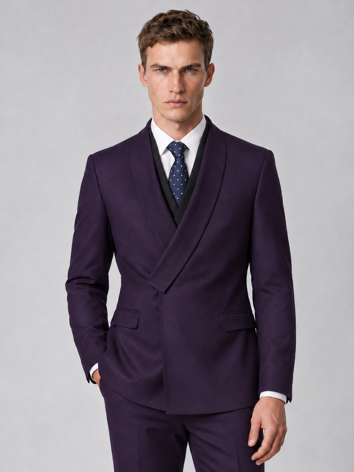 Savile Men's Dark Purple Wrap Shawl Lapel 2-Piece Suit Set – Modern Jacket & Trousers - Dark Purple - Dark Purple_1