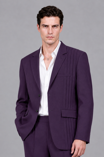Savile Men's Dark Purple Pleated 2-Piece Suit Set | Notch Lapel Blazer & Tailored Trousers - Dark Purple - Dark Purple_1