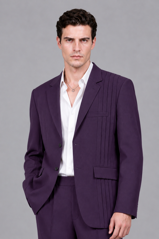 Savile Men's Dark Purple Pleated 2-Piece Suit Set | Notch Lapel Blazer & Tailored Trousers - Dark Purple - Dark Purple_1