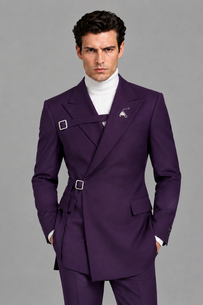 Savile Men's Dark Purple Double Buckle Wrap Belted 2-Piece Suit Set – Peak Lapel Slim-Fit Jacket & Trousers - Dark Purple - Dark Purple_1