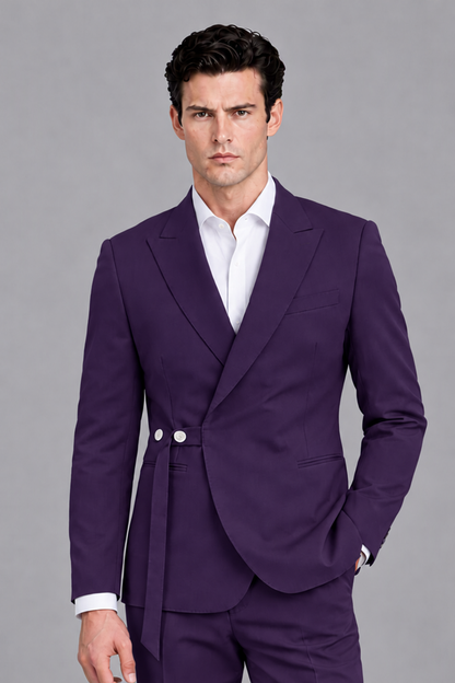 Savile Men's Modern Dark Purple 2-Piece Wrap Suit Set – Peak Lapel Side-Button Blazer & Tailored Trousers - Dark Purple - Dark_Purple_1