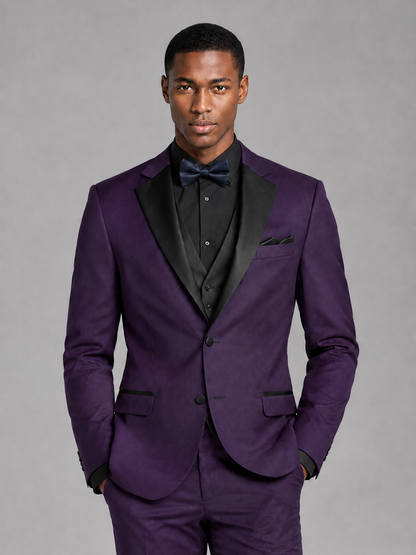 Savile Men's Dark Purple Contrast Shawl Lapel Tuxedo Suit – 3-Piece Wedding, Prom & Black-Tie Formal Set - Dark Purple - Dark Purple_1