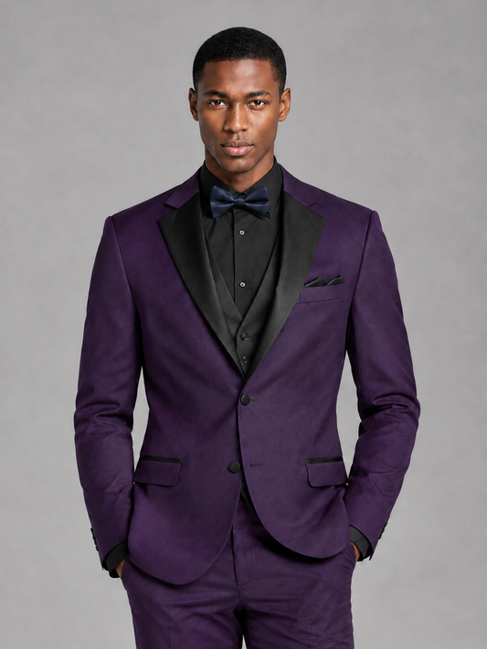 Savile Men's Dark Purple Contrast Shawl Lapel Tuxedo Suit – 3-Piece Wedding, Prom & Black-Tie Formal Set - Dark Purple - Dark Purple_1