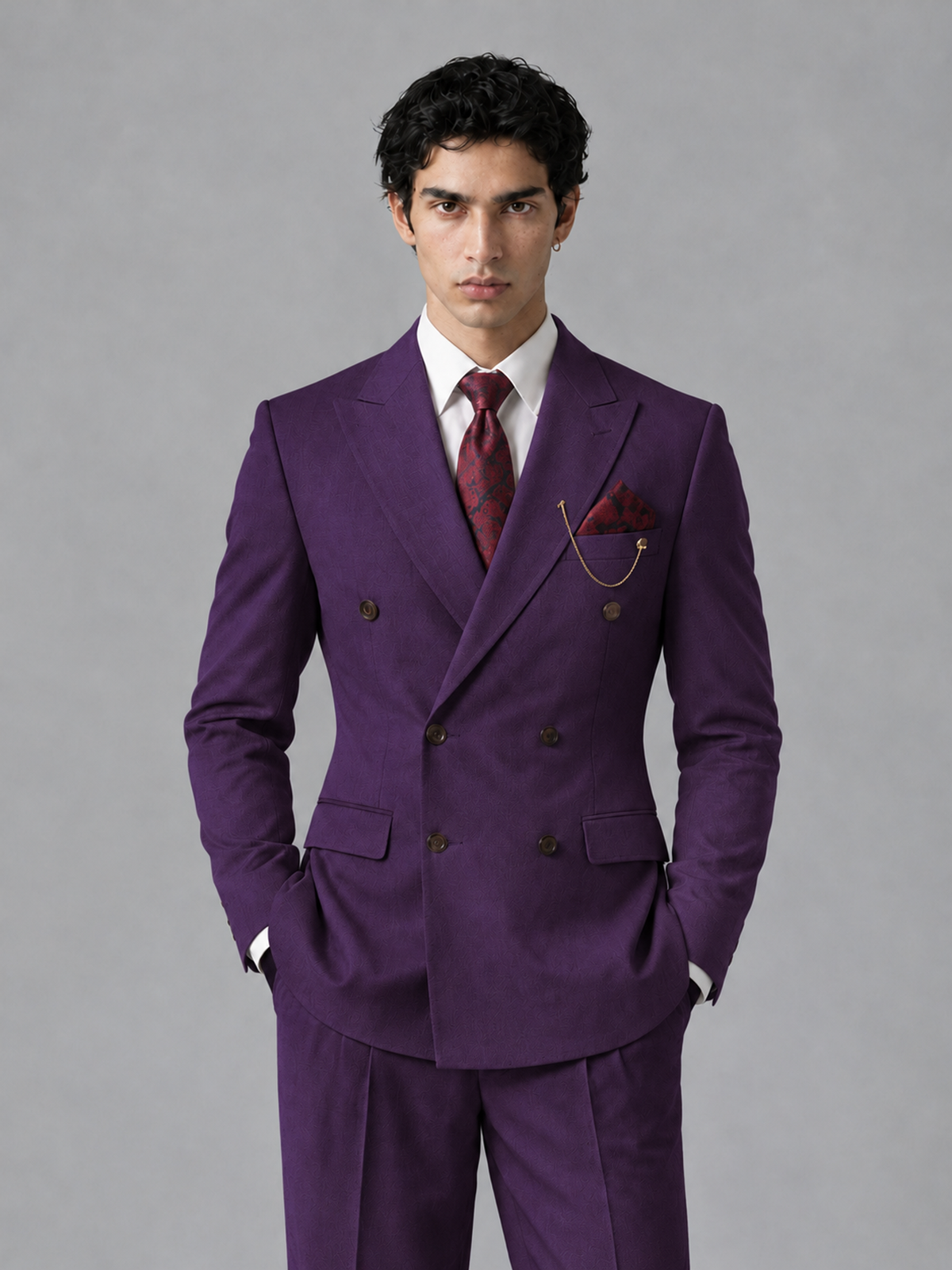 Savile Men's Dark Purple Double-Breasted 2-Piece Suit Set – Peak Lapel Blazer & Pleated Wide-Leg Trousers - Dark Purple - Dark Purple_1