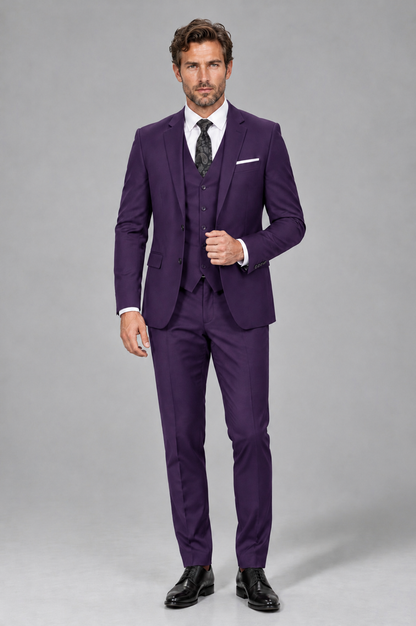Savile Men's Dark Purple 3-Piece Suit Set – Notch Lapel Blazer, Vest & Trousers - Dark Purple - Dark_Purple_2