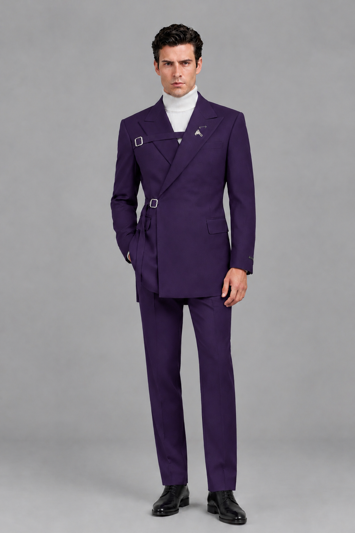 Savile Men's Dark Purple Double Buckle Wrap Belted 2-Piece Suit Set – Peak Lapel Slim-Fit Jacket & Trousers - Dark Purple - Dark Purple_2