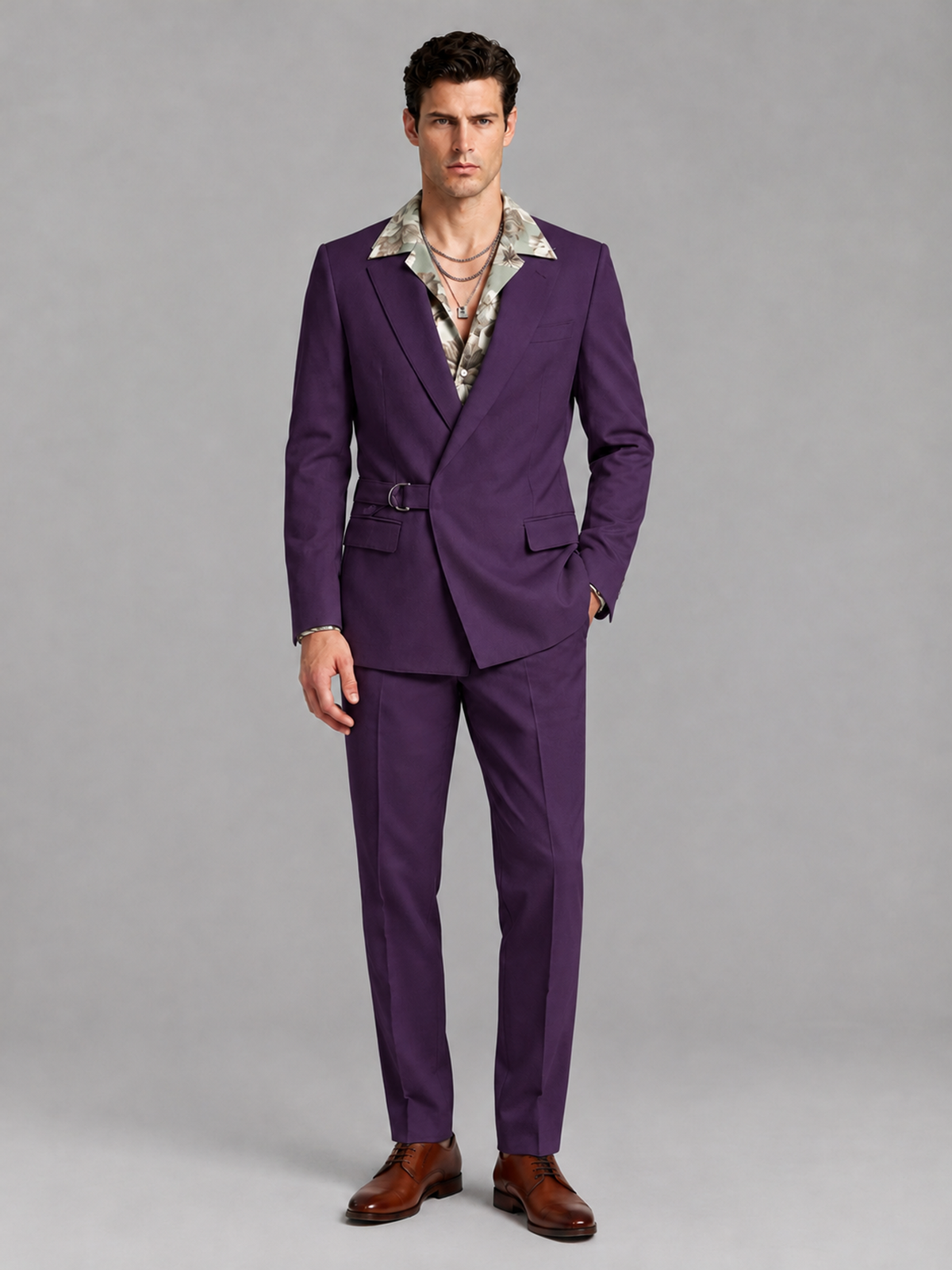 Savile Men's Dark Purple Belted Wrap 2-Piece Suit – Peak Lapel Blazer & Tailored Trousers - SUC060 - Dark Purple - Dark Purple_2