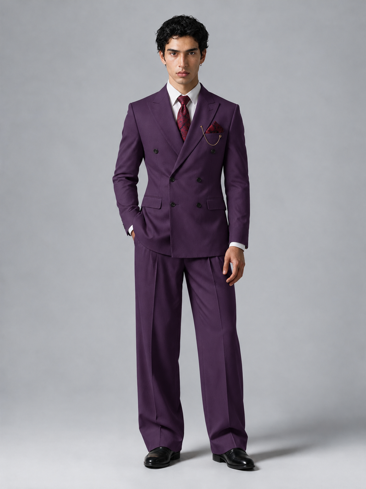Savile Men's Dark Purple Double-Breasted 2-Piece Suit Set – Peak Lapel Blazer & Pleated Wide-Leg Trousers - Dark Purple - Dark Purple_2