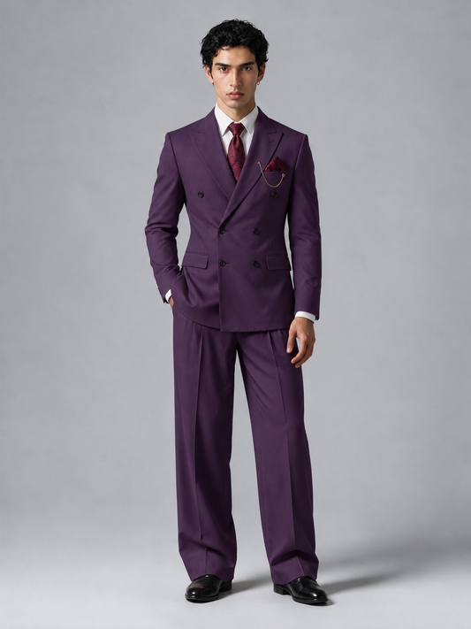 Savile Men's Dark Purple Double-Breasted 2-Piece Suit Set – Peak Lapel Blazer & Pleated Wide-Leg Trousers - Dark Purple - Dark Purple_2