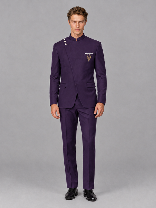 Savile Men's Dark Purple Mandarin Collar Asymmetrical 2-Piece Suit Set – Modern Jacket & Trousers - Dark Purple - Dark Purple_2