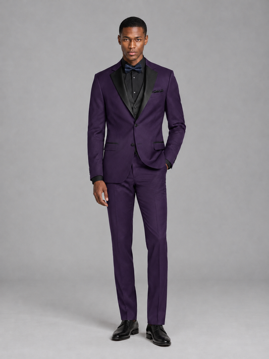 Savile Men's Dark Purple Contrast Shawl Lapel Tuxedo Suit – 3-Piece Wedding, Prom & Black-Tie Formal Set - Dark Purple - Dark Purple_2